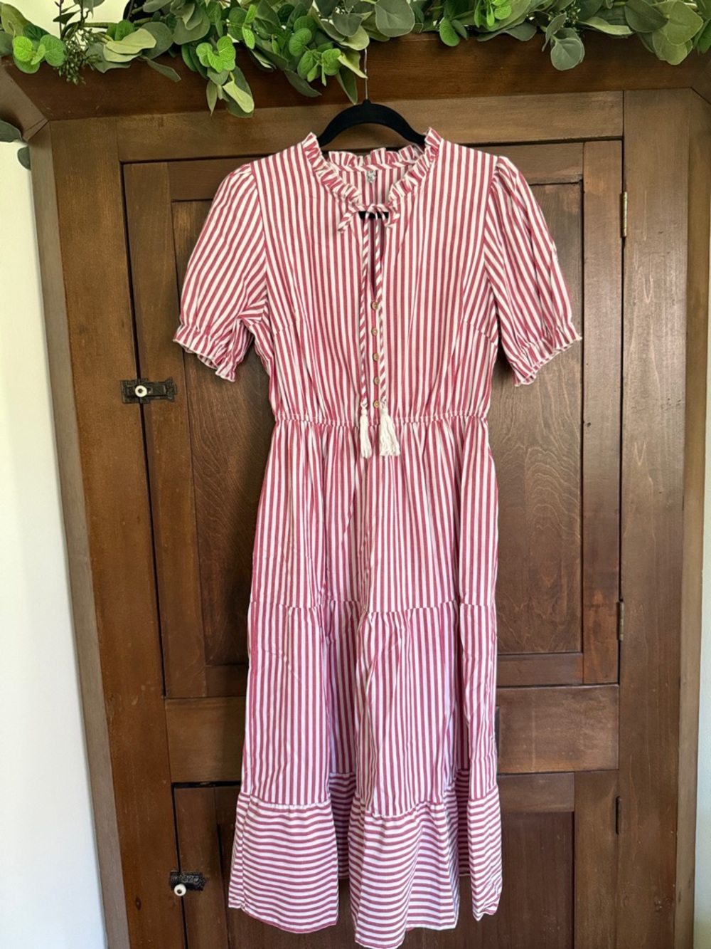 envy Red and White Striped Midi Dress with Tie Neck